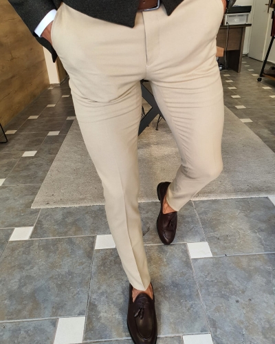 Beige Slim Fit Pants by GentWith.com with Free Worldwide Shipping