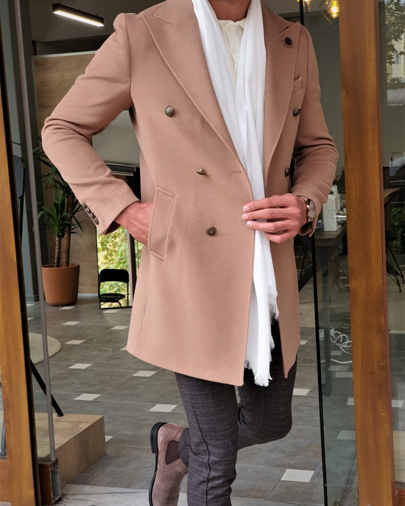 Beige Slim Fit Wool Long Coat by GentWith.com with Free Worldwide Shipping