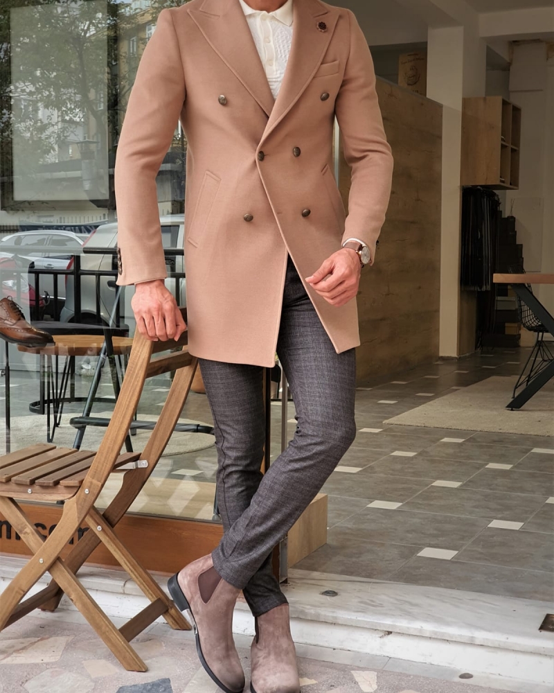 Beige Slim Fit Wool Long Coat by GentWith.com with Free Worldwide Shipping