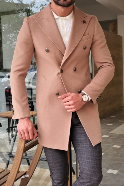 Beige Slim Fit Wool Long Coat by GentWith.com with Free Worldwide Shipping