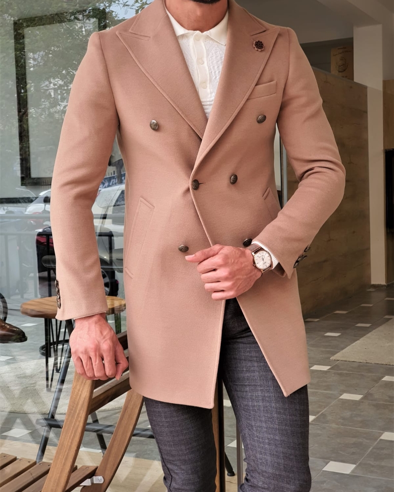 Beige Slim Fit Wool Long Coat by GentWith.com with Free Worldwide Shipping