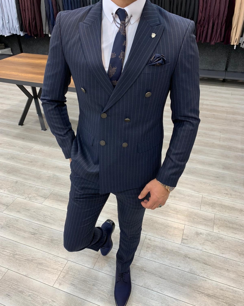 Navy Blue Slim Fit Double Breasted Pinstripe Suit by GentWith.com with Free Worldwide Shipping
