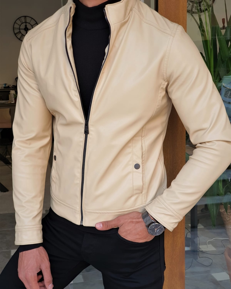 Beige Slim Fit Leather Coat by GentWith.com with Free Worldwide Shipping