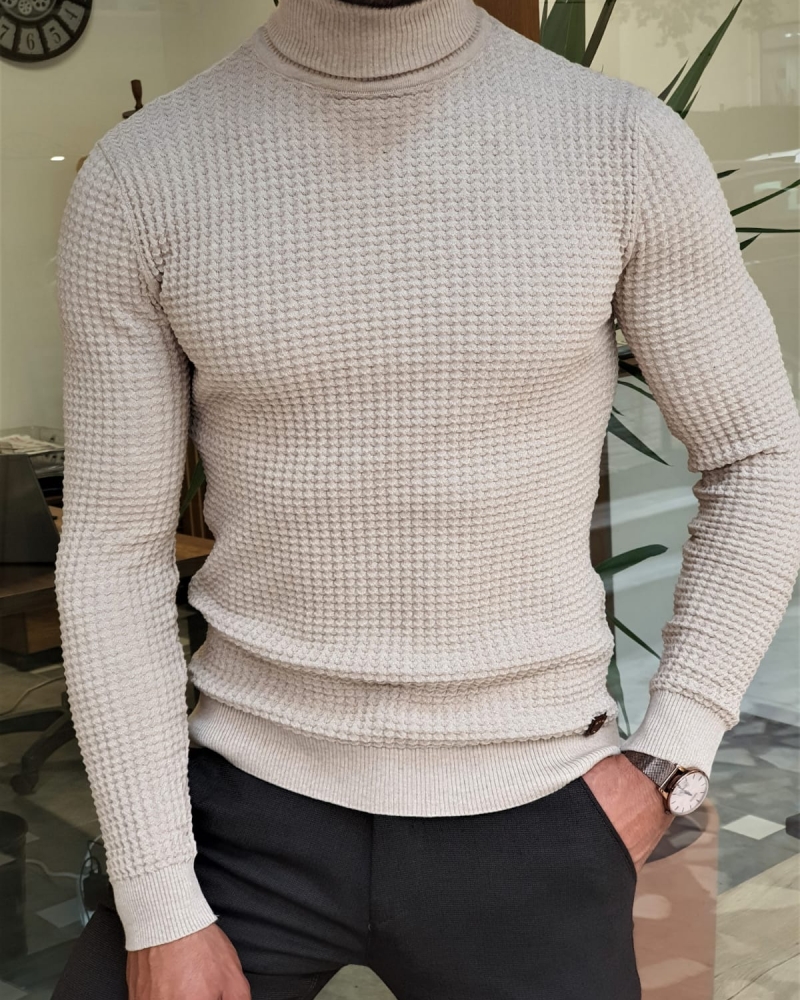 Beige Slim Fit Turtleneck Sweater by GentWith.com with Free Worldwide Shipping