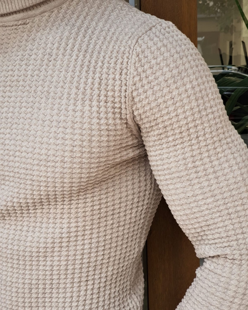 Beige Slim Fit Turtleneck Sweater by GentWith.com with Free Worldwide Shipping