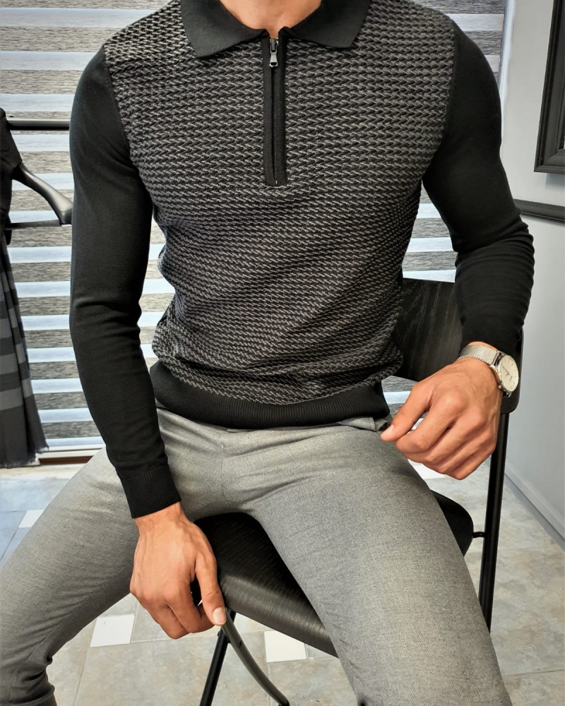Black Slim Fit Zipper Collar Sweater by GentWith.com with Free Worldwide Shipping