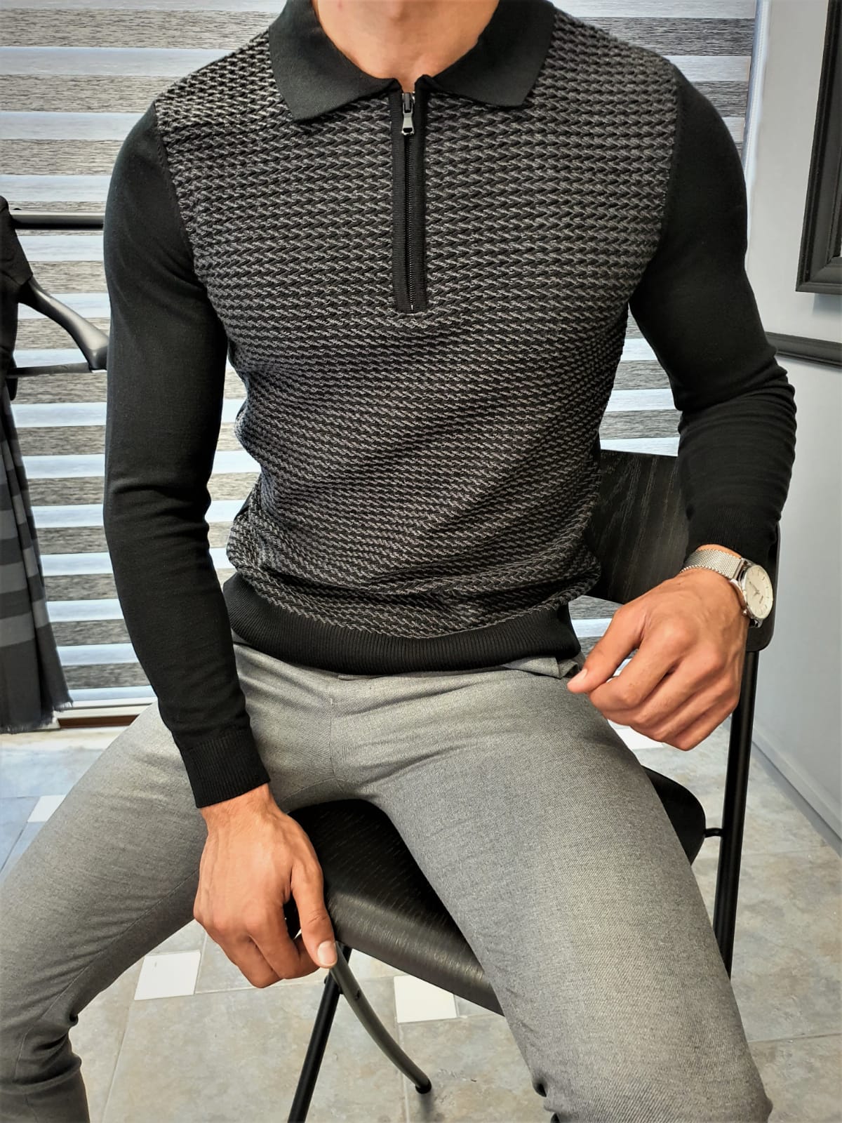 Buy Black Slim Fit Zipper Collar Sweater by GentWith | Free Shipping