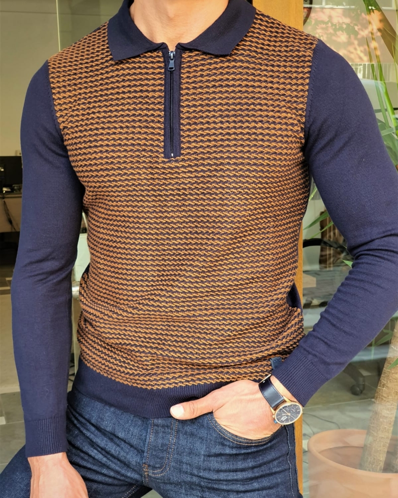 Camel Slim Fit Zipper Collar Sweater by GentWith.com with Free Worldwide Shipping