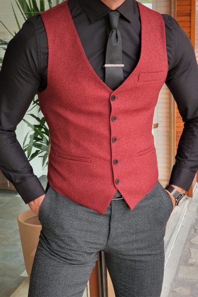 Claret Red Slim Fit Vest by GentWith.com with Free Worldwide Shipping