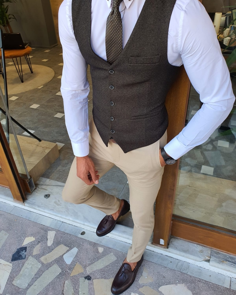 Khaki Slim Fit Vest by GentWith.com with Free Worldwide Shipping