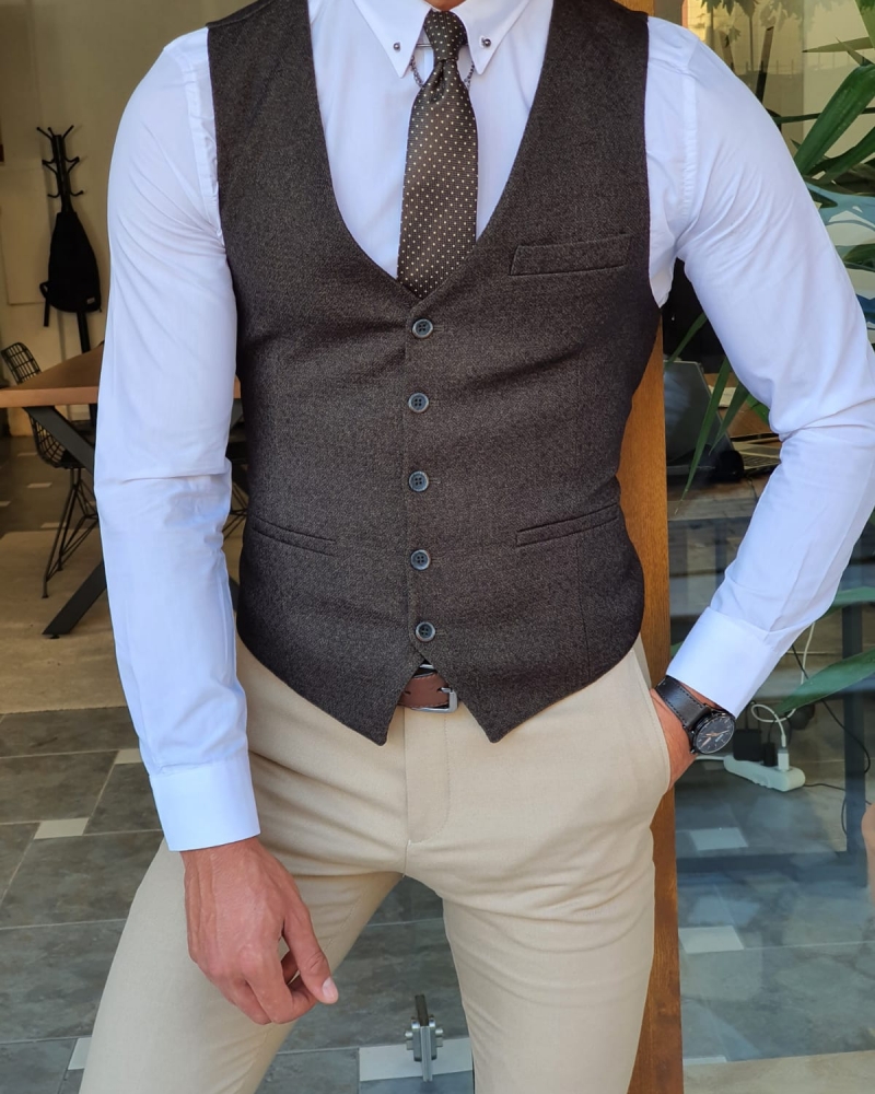 Khaki Slim Fit Vest by GentWith.com with Free Worldwide Shipping