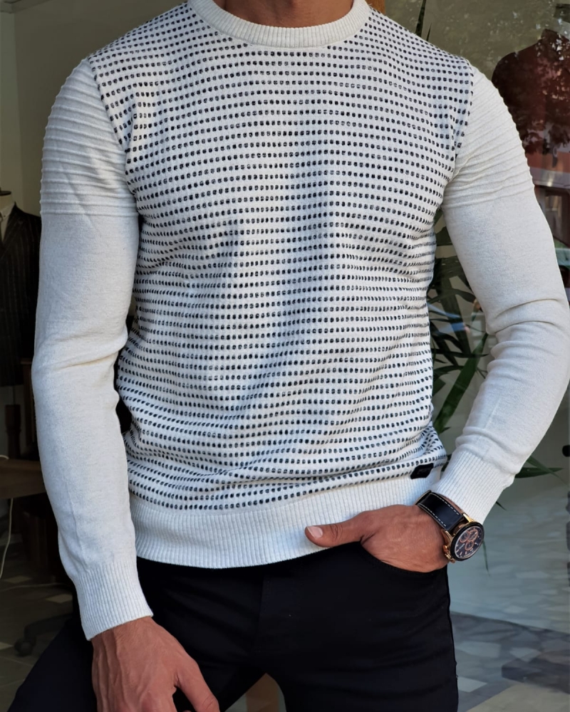 White Slim Crewneck Sweater by GentWith.com with Free Worldwide Shipping