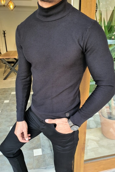 Black Slim Fit Mock Turtleneck Sweater by GentWith.com with Free Worldwide Shipping