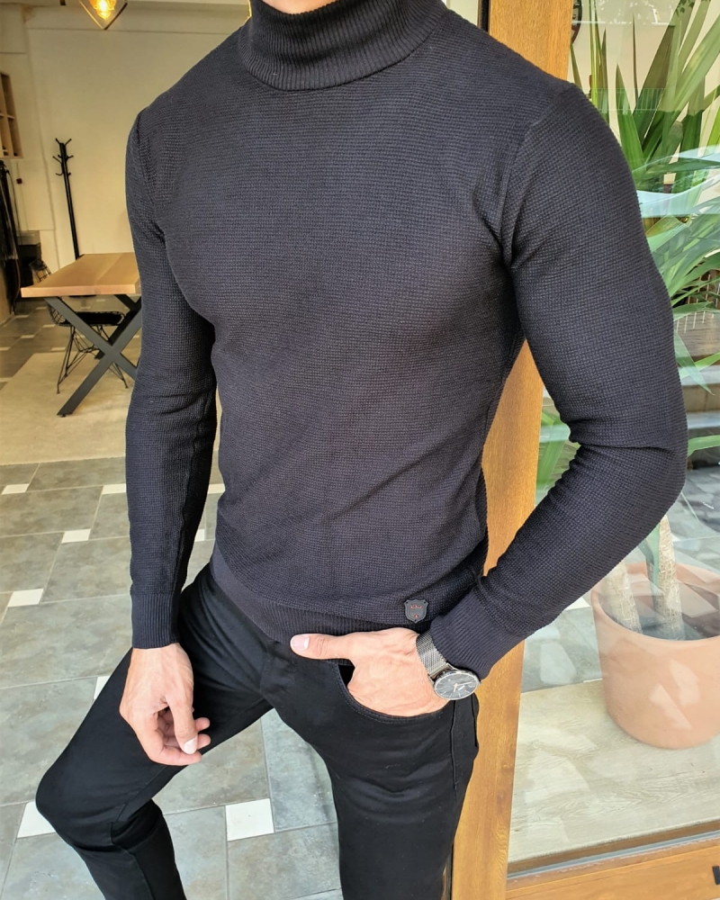 Black Slim Fit Mock Turtleneck Sweater by GentWith.com with Free Worldwide Shipping