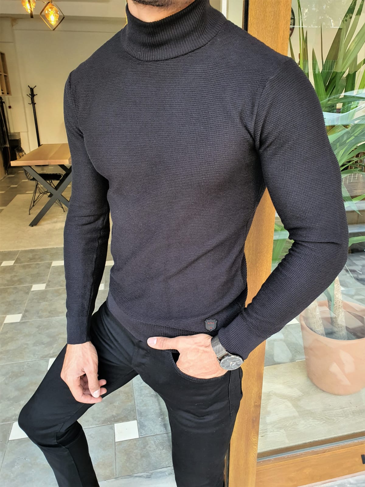 GentWith Edmond Black Slim Fit Mock Turtleneck Sweater