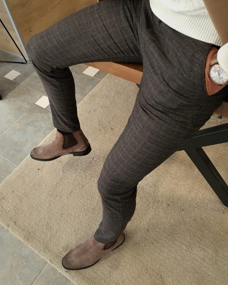 Brown Slim Fit Plaid Cotton Pants by GentWith.com with Free Worldwide Shipping