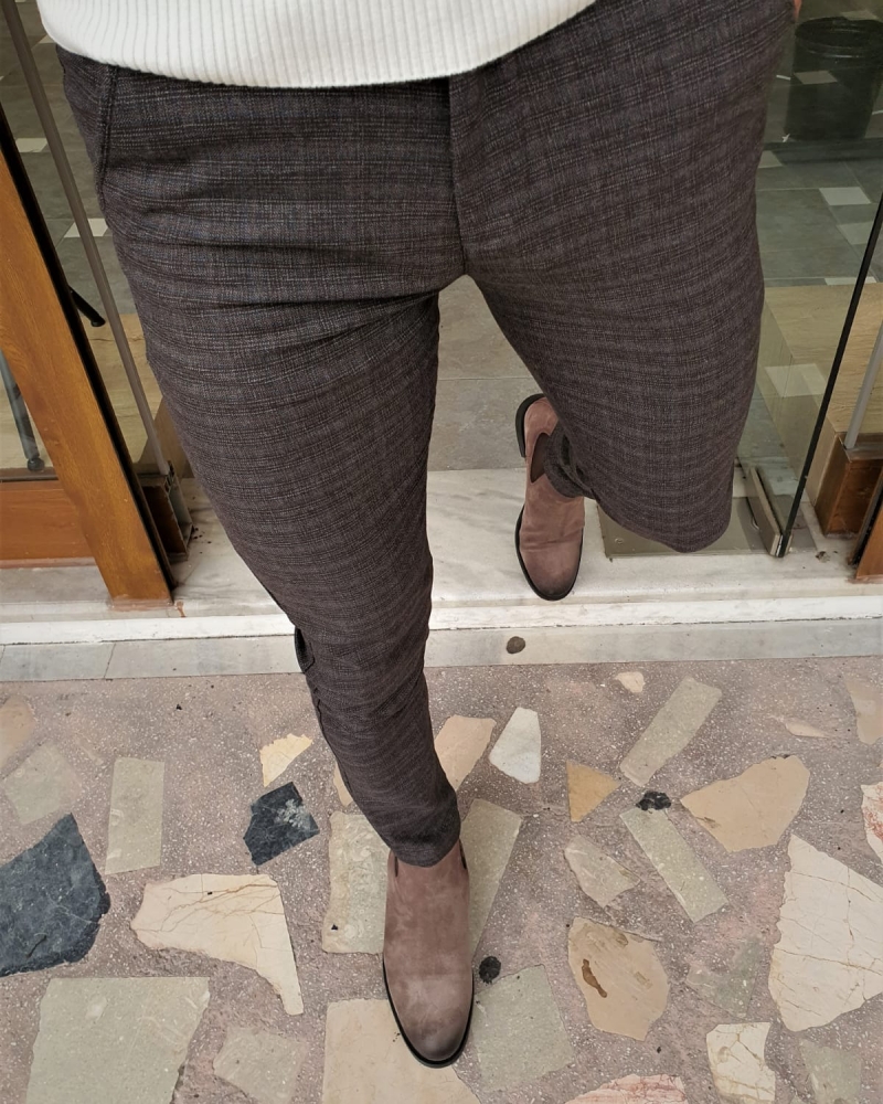 Brown Slim Fit Plaid Cotton Pants by GentWith.com with Free Worldwide Shipping