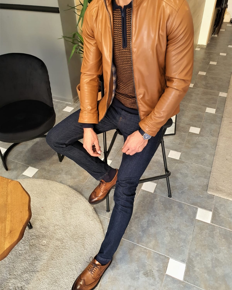 Camel Slim Fit Leather Coat by GentWith.com with Free Worldwide Shipping