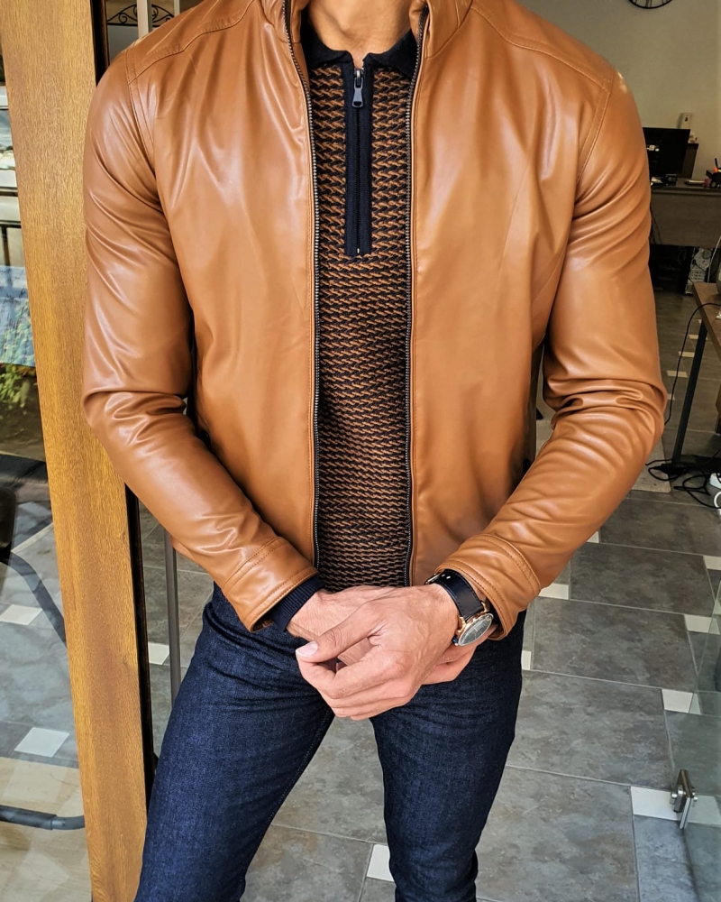 Camel Slim Fit Leather Coat by GentWith.com with Free Worldwide Shipping