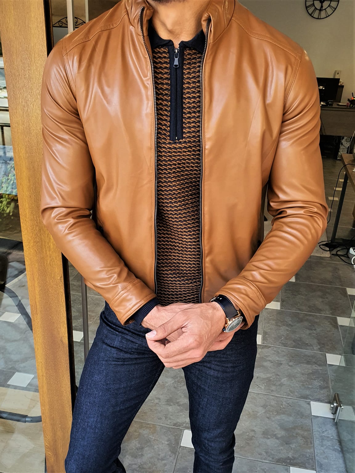 GentWith Danville Slim Fit Black Faux Leather Puffer Jacket