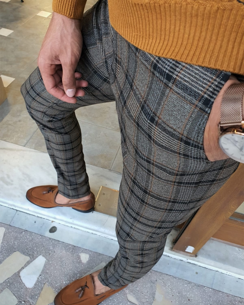 Camel Slim Fit Plaid Pants by GentWith.com with Free Worldwide Shipping