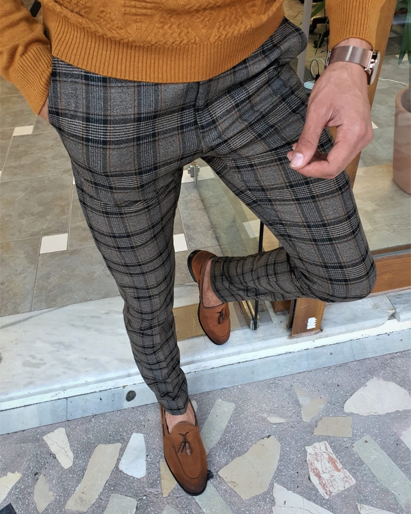 Camel Slim Fit Plaid Pants by GentWith.com with Free Worldwide Shipping