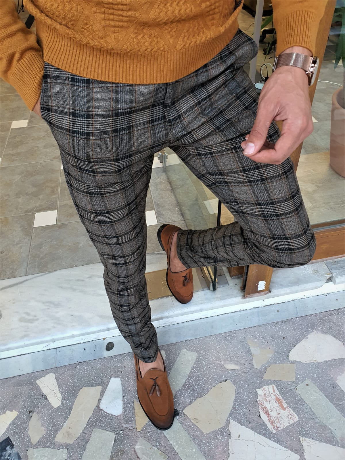 Buy Camel Slim Fit Plaid Pants by GentWith.com with Free Shipping