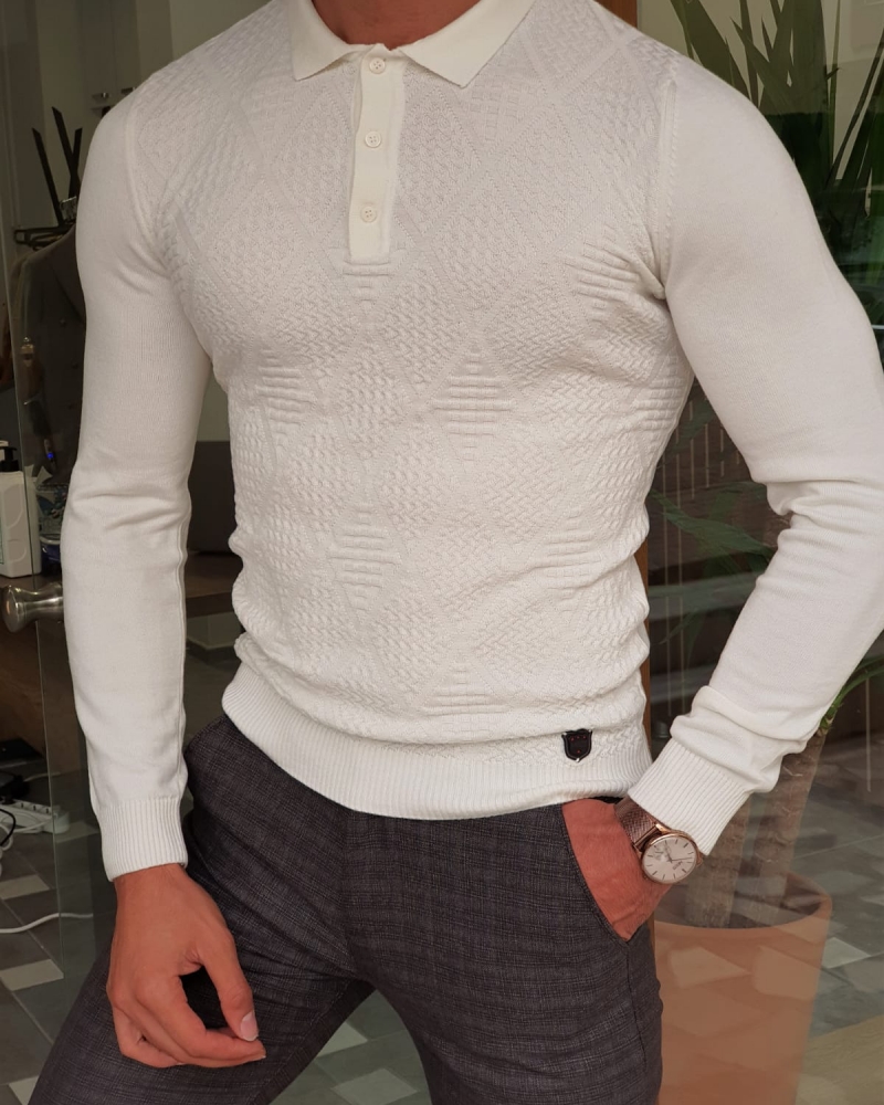 White Slim Fit Collar Sweater by GentWith.com with Free Worldwide Shipping