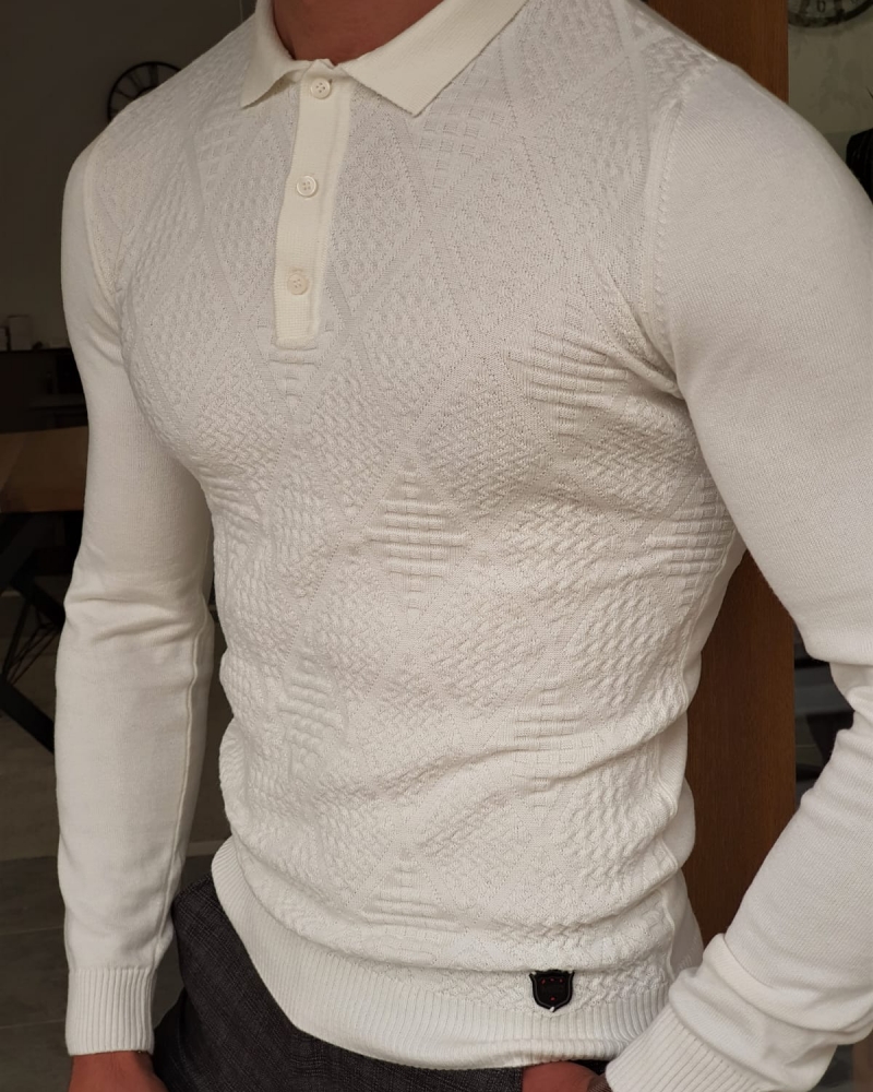 White Slim Fit Collar Sweater by GentWith.com with Free Worldwide Shipping