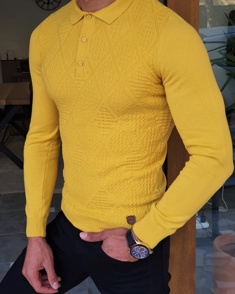 Yellow Slim Fit Collar Sweater by GentWith.com with Free Worldwide Shipping