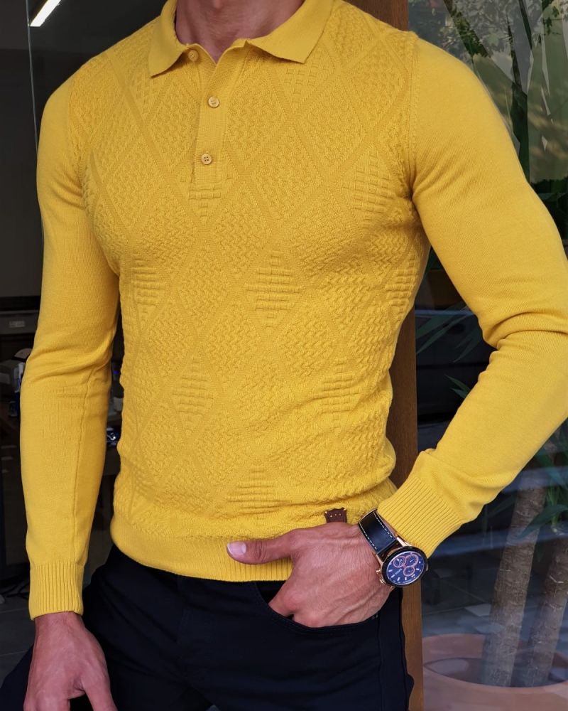 Yellow Slim Fit Collar Sweater by GentWith.com with Free Worldwide Shipping