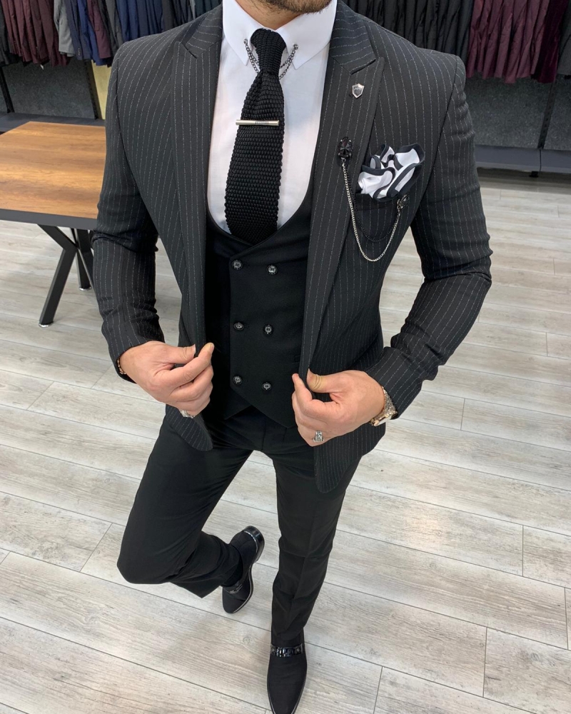Black Slim Fit Pinstripe Suit by GentWith.com with Free Worldwide Shipping