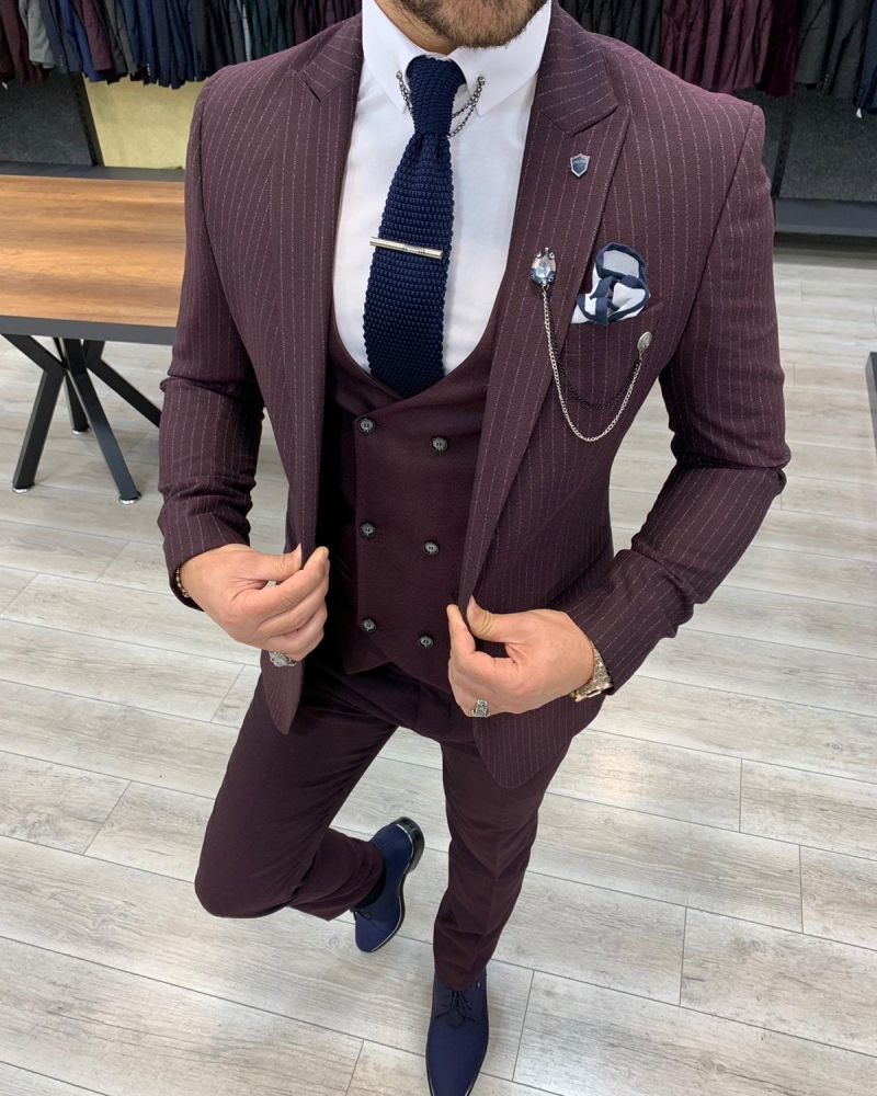 Burgundy Slim Fit Pinstripe Suit by GentWith.com with Free Worldwide Shipping