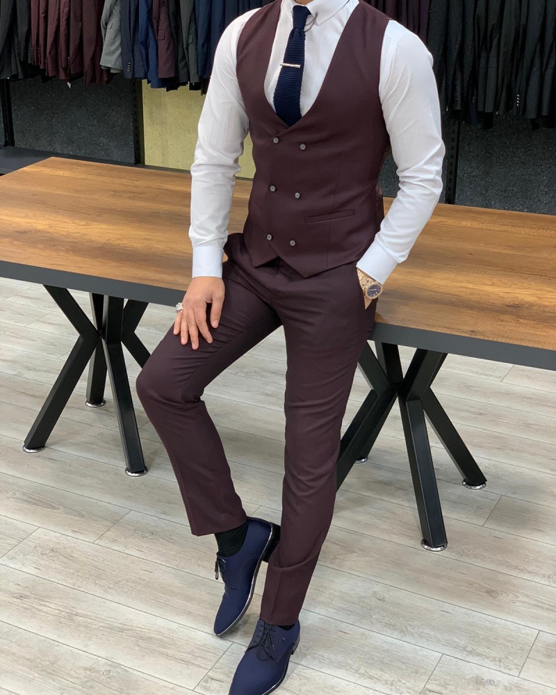 Burgundy Slim Fit Pinstripe Suit by GentWith.com with Free Worldwide Shipping