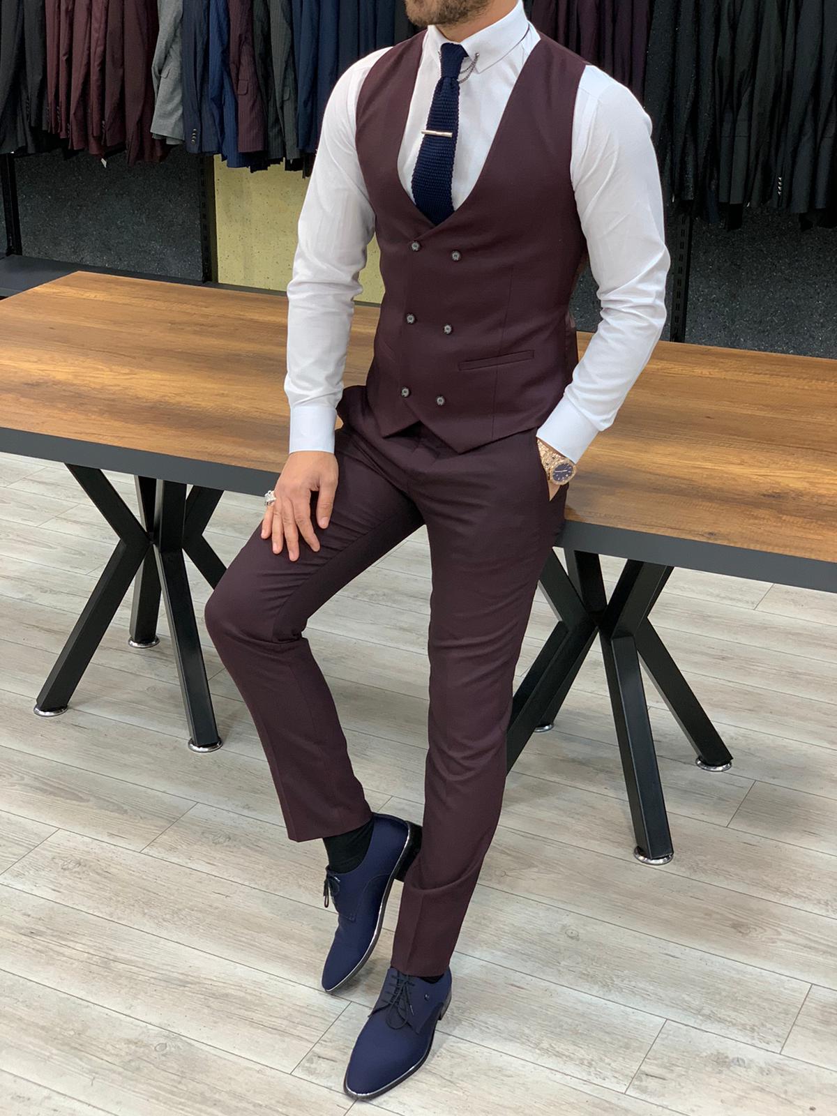 Buy Burgundy Slim Fit Pinstripe Suit by GentWith.com with Free Shipping