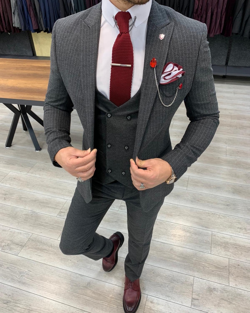 Gray Slim Fit Pinstripe Suit by GentWith.com with Free Worldwide Shipping