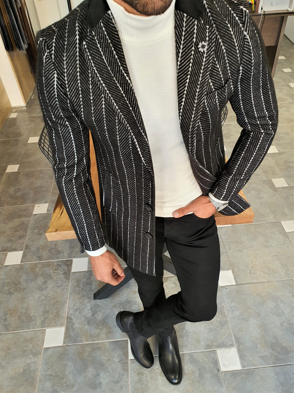 Buy Black Slim Fit Striped Wool Long Coat by GentWith