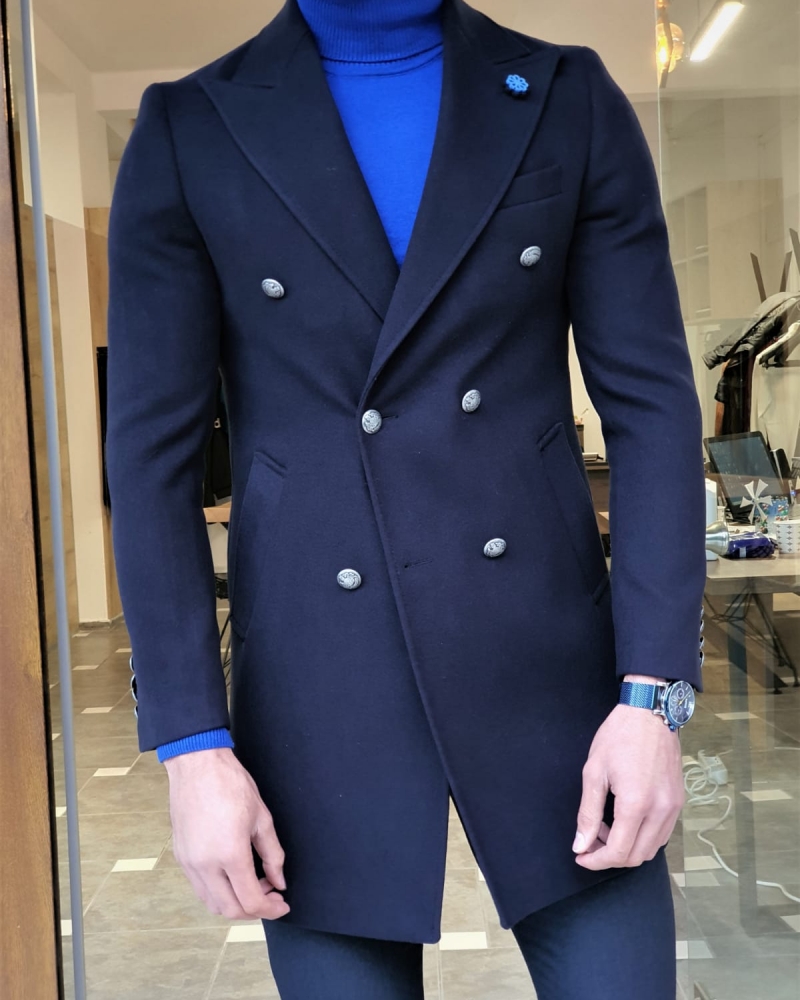 Navy Blue Slim Fit Wool Long Coat by GentWith.com with Free Worldwide Shipping