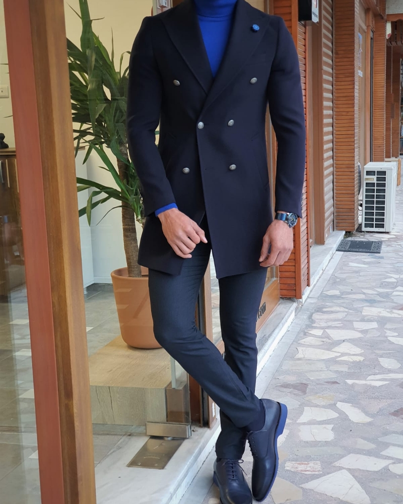 Navy Blue Slim Fit Wool Long Coat by GentWith.com with Free Worldwide Shipping