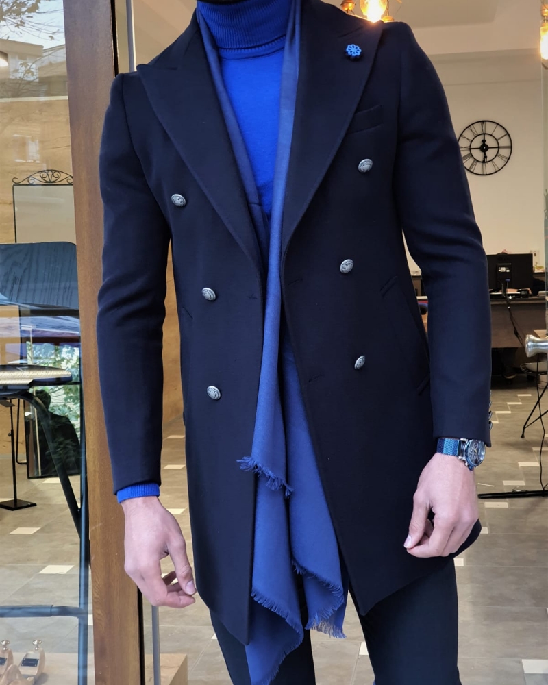 Navy Blue Slim Fit Wool Long Coat by GentWith.com with Free Worldwide Shipping