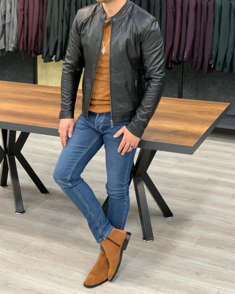 Black Slim Fit Zipper Leather Jacket by GentWith.com with Free Worldwide Shipping