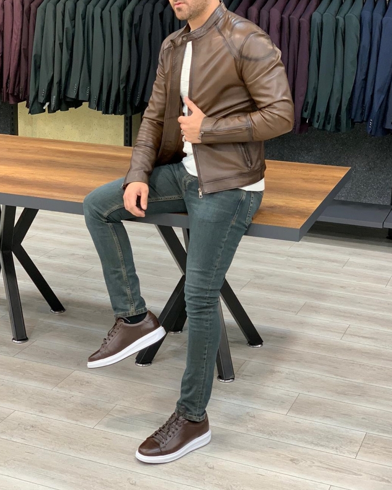 Brown Slim Fit Leather Jacket by GentWith.com with Free Worldwide Shipping