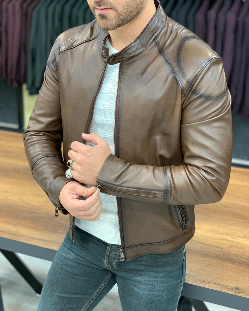 Brown Slim Fit Leather Jacket by GentWith.com with Free Worldwide Shipping