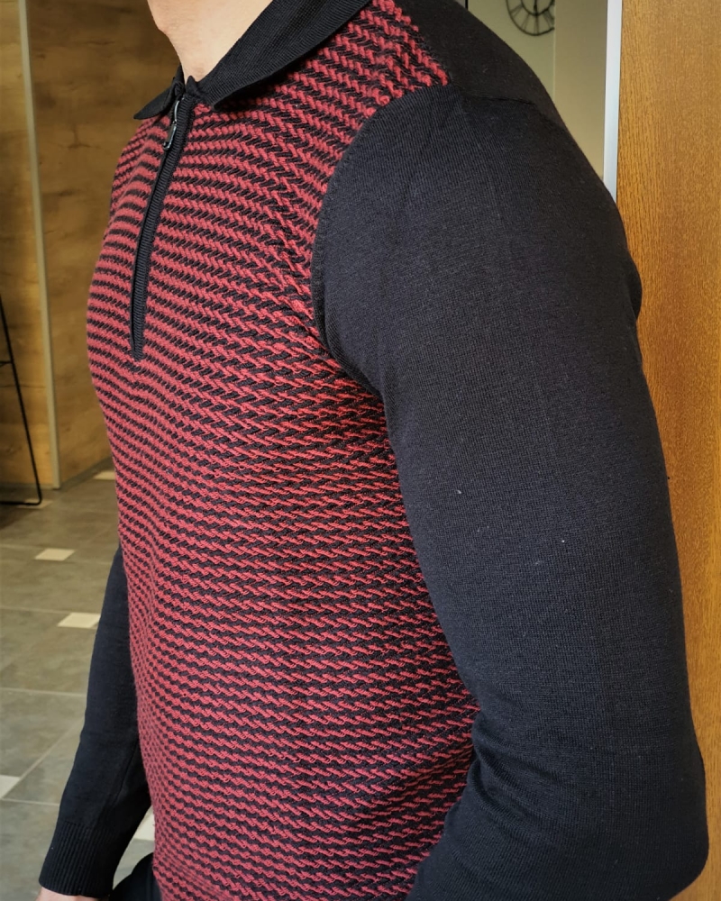 Claret Red Slim Fit Zipper Collar Sweater by GentWith.com with Free Worldwide Shipping