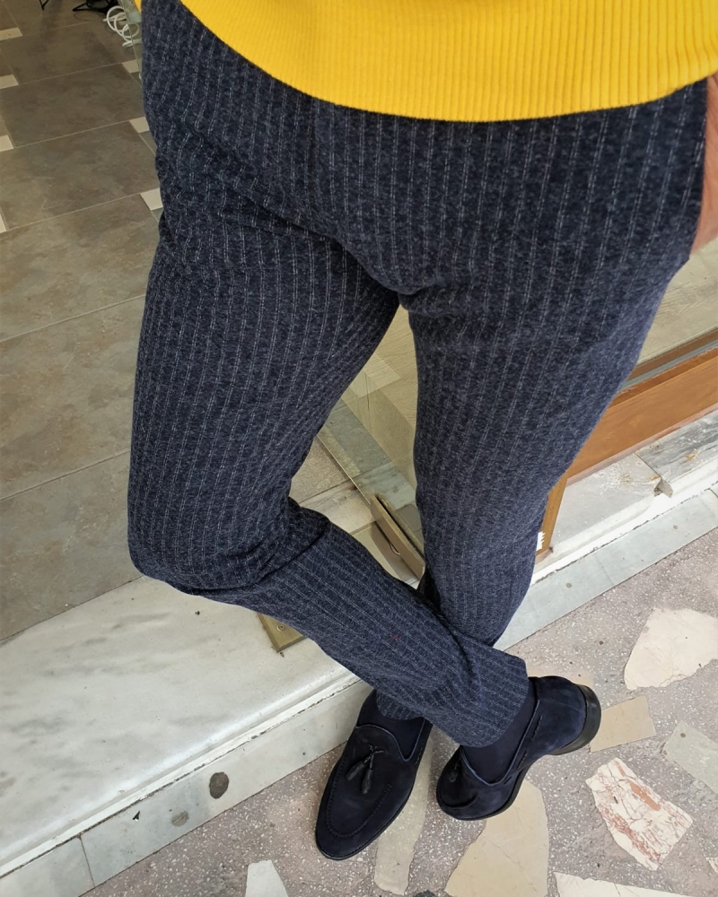 Navy Blue Slim Fit Striped Pants by GentWith.com with Free Worldwide Shipping