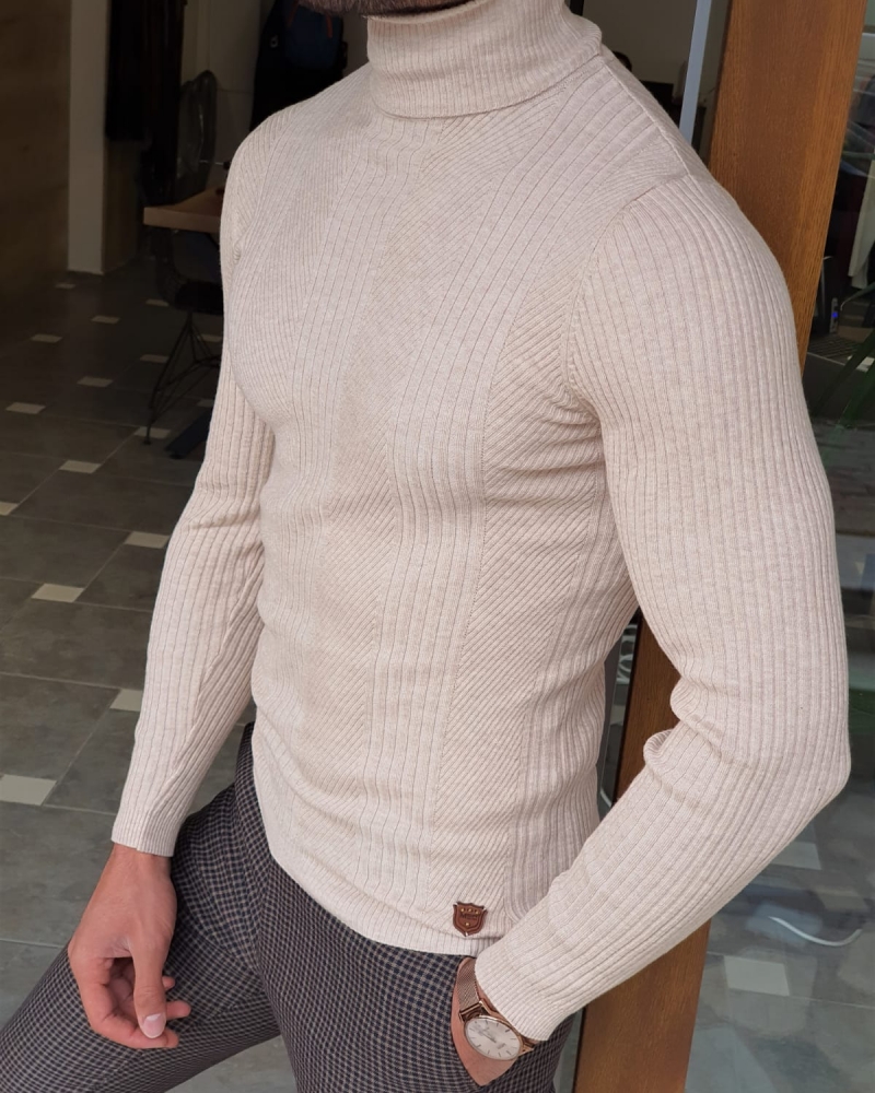 Buy Beige Slim Fit Striped Turtleneck Wool Sweater by GentWith