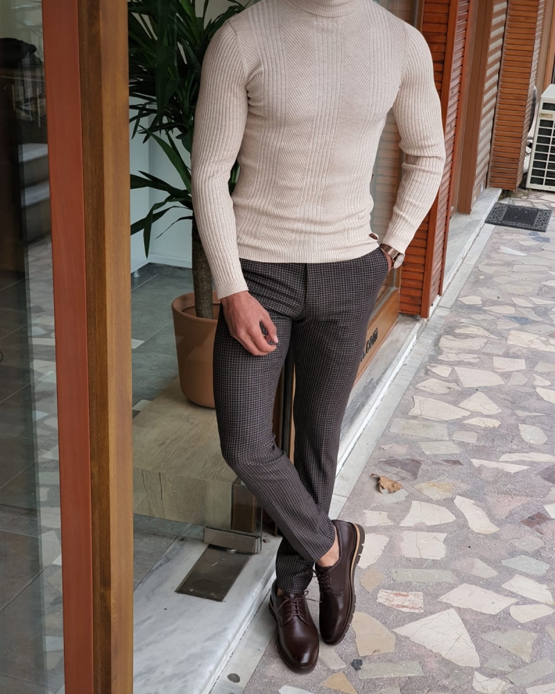 Buy Beige Slim Fit Striped Turtleneck Wool Sweater by GentWith