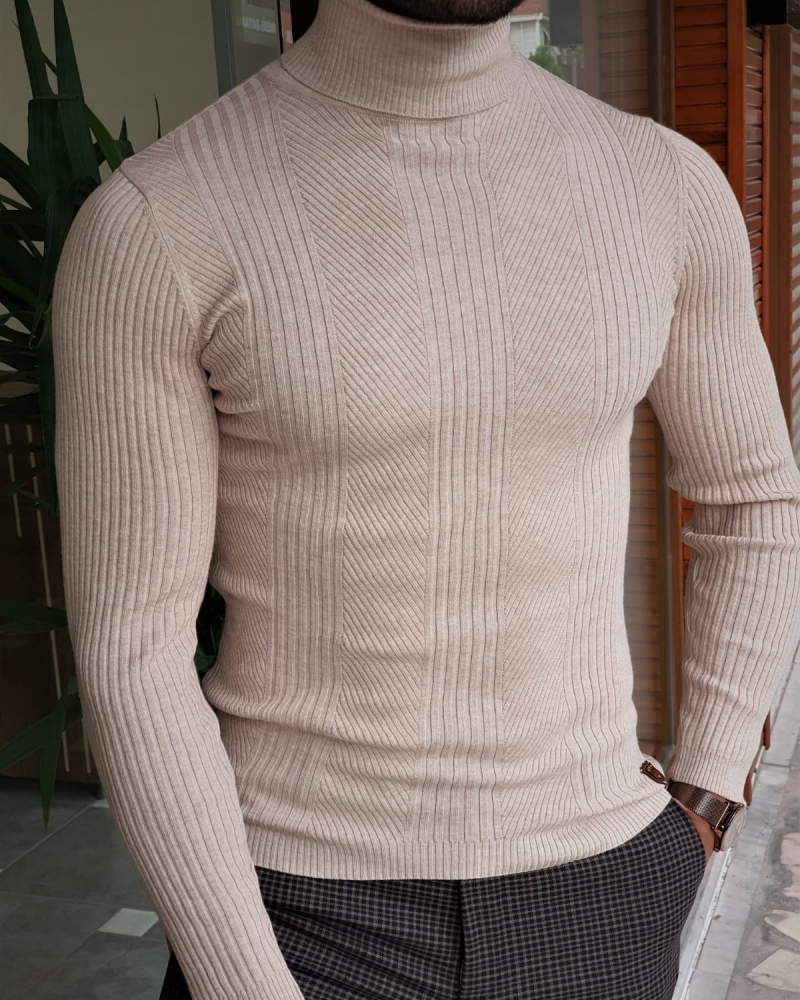 Beige Slim Fit Striped Turtleneck Wool Sweater by GentWith.com with Free Worldwide Shipping
