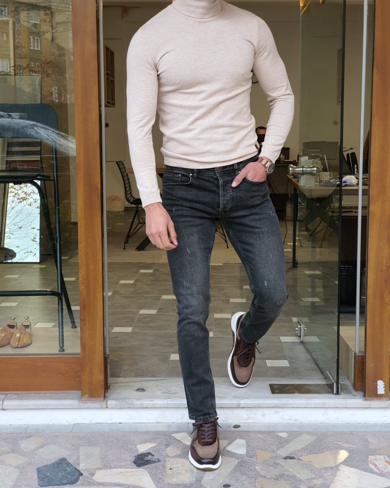 Beige Slim Fit Turtleneck Wool Sweater by GentWith.com with Free Worldwide Shipping