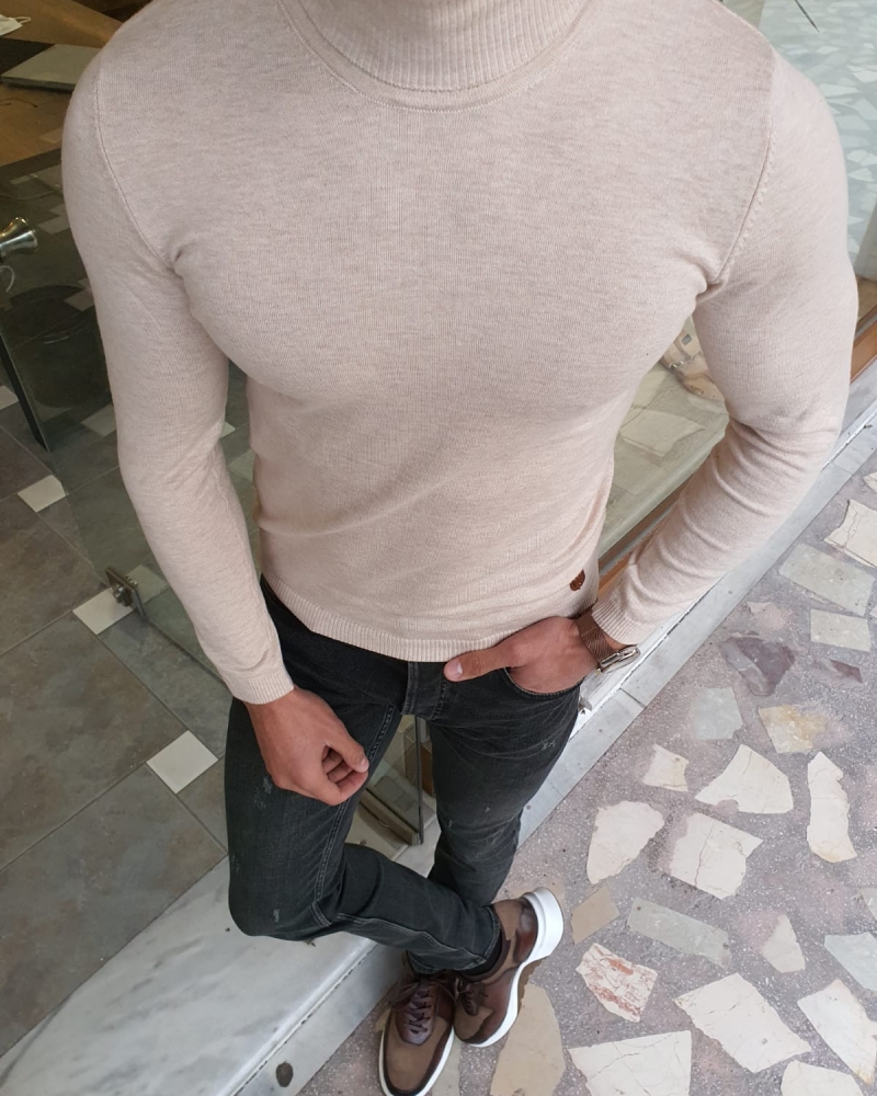 Beige Slim Fit Turtleneck Wool Sweater by GentWith.com with Free Worldwide Shipping